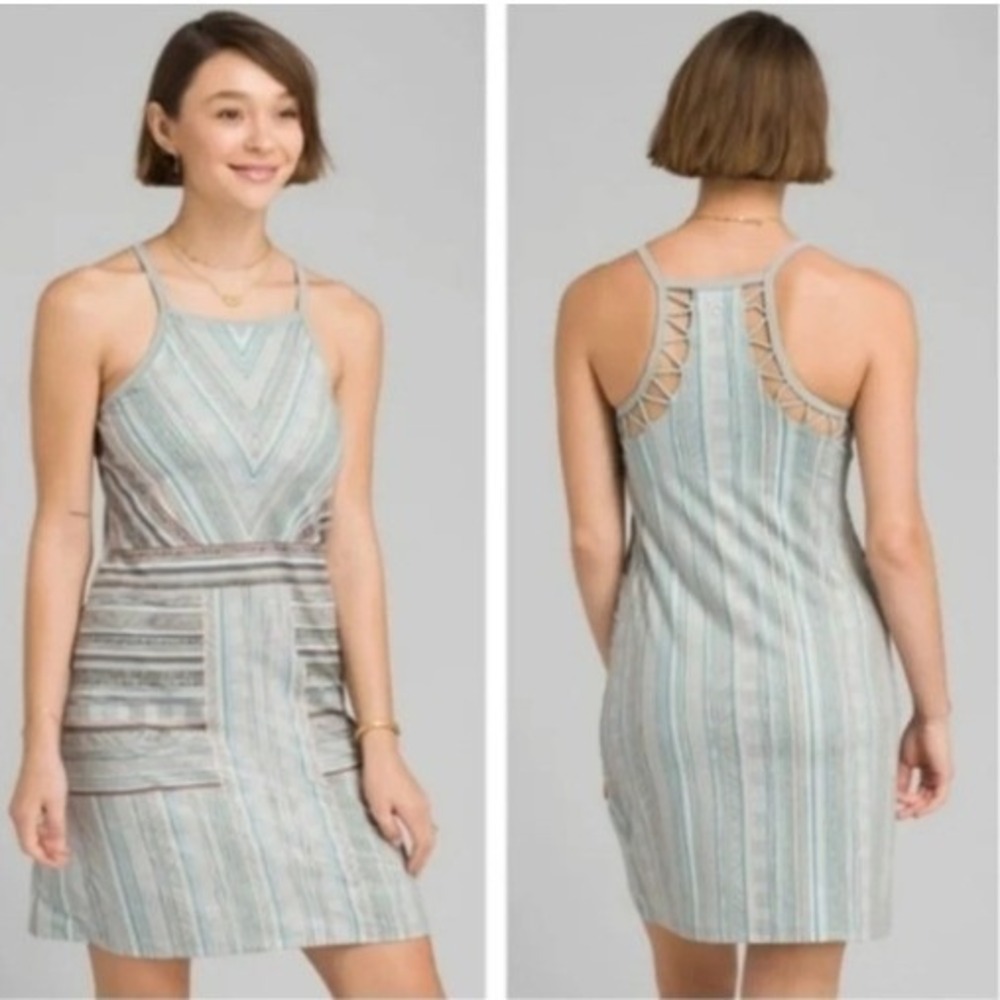 Prana Ardor Dress Small S Geometric Stripe Lattice Back Mini Sleeveless Athletic